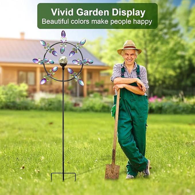 Large Solar Wind Spinners for Yard Art Garden-67 Inch 360° Metal Wind Sculptures Outdoor Clearance Kinetic Windmills with Multi Color Led Glass Ball