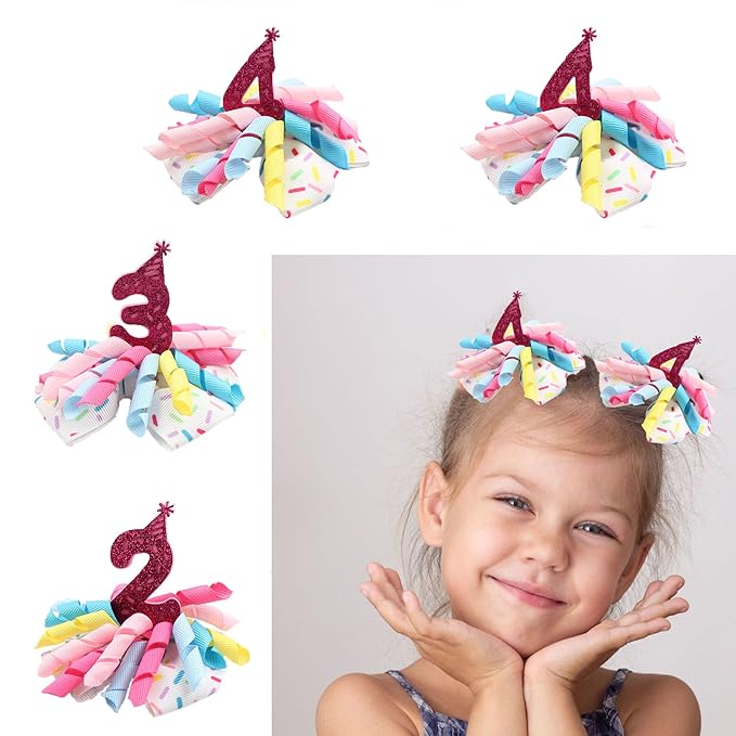 Birthday Hair Clips for Baby Girls - 2Pc Curly Ribbon with Deep Red Number Bow Hair Clips for 4th Birthday Baby Bow Party Decorations for Girls Toddlers Hair Accessories (Deep red Number-4 Years)