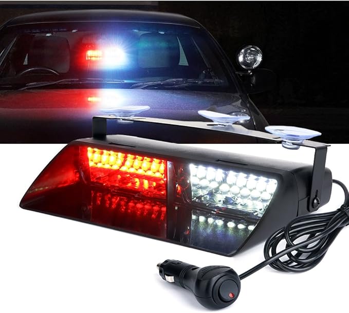 Xprite White Red LED Emergency Dash Strobe Light, Interior Windshield Safety Warning Firefighter Lights w/Suction Cups, 12V Windshield Visor Light Bar for Police Ambulance EMS Patrol Vehicles Trucks
