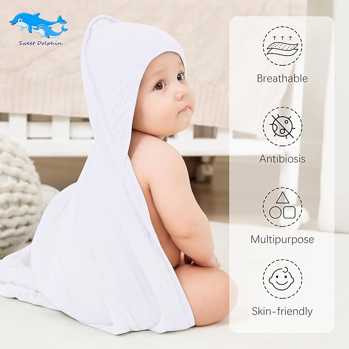 SWEET DOLPHIN Muslin Hooded Baby Bath Towels - 2 Pack 100% Cotton Towel for Babies, Infants, Toddlers - 32x32Inch - Highly Absorbent and Newborn Essential, White