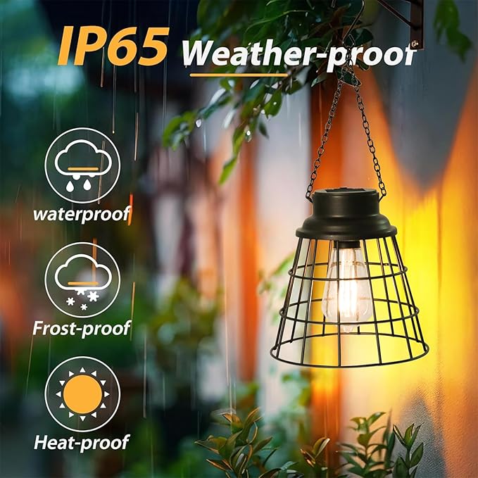 2 Pack Solar Lanterns Outdoor Waterproof , Metal Cage Design with Replaceable LED Bulb, Waterproof Vintage Decorative Light for Patio, Garden, and Yard (5.9" x 6.1", Black)