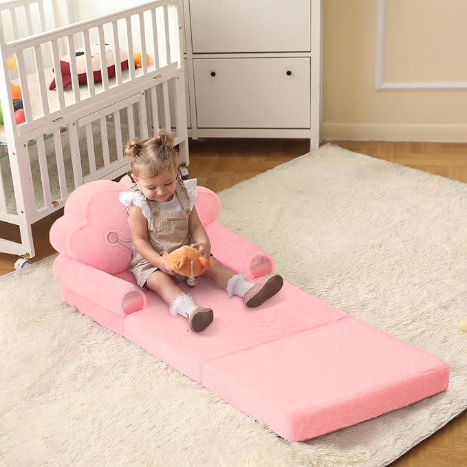MOONBEEKI Toddler Chair Comfy，Foldable Princess Kids Couch for Girl, Toddler Recliners for Kids Over 18 Months, Baby Furniture for Bedroom and Playroom，Pink