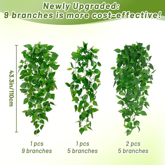 BLEUM CADE 4Pcs Fake Hanging Plants, 9 Branch Artificial Hanging Plant, Lush Faux Pothos Vines for Home Room Wall Shelf Porch Outdoor Indoor Decor (No Baskets)
