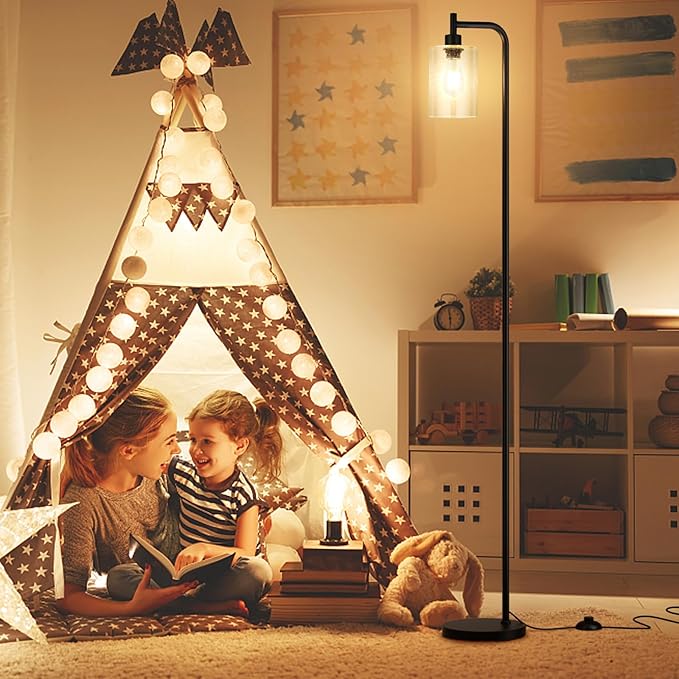 Ziisee Floor Lamps for Living Room - Standing Lamp with Seeded Glass Shade, Modern Floor Lamp with LED Bulbs, Industrial Floor Lamp for Bedroom, Black Tall Lamp for Office(Light Bulb Included)