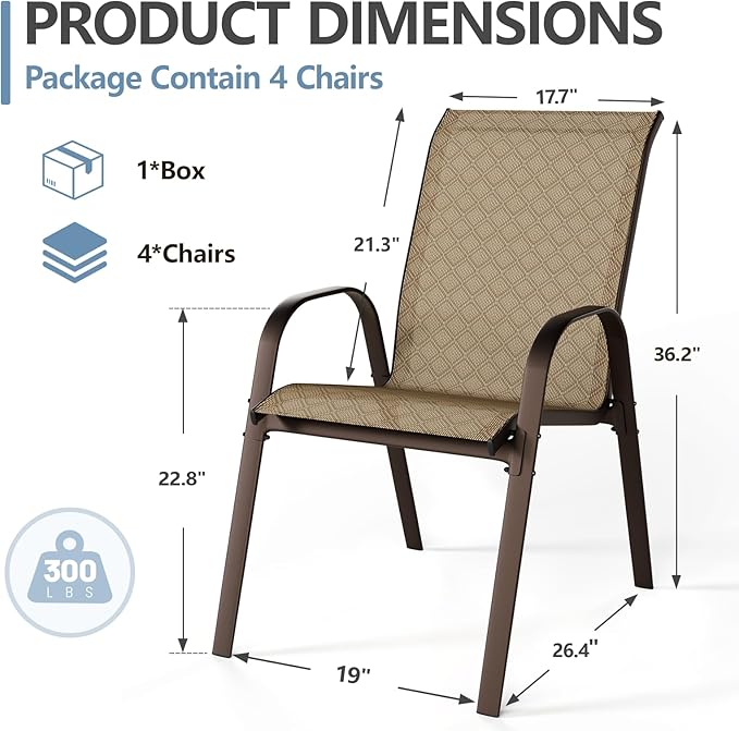 SWITTE Patio Chairs Set of 4 with Armrests, Outdoor Stackable Dining Chairs with Breathable Backrest and Metal Frame for Lawn, Garden, Deck, Poolside, Beige