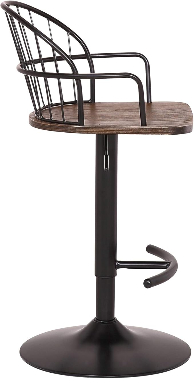 Armen Living Edward Adjustable Walnut Glazed Barstool in Black Powder Coated Finish
