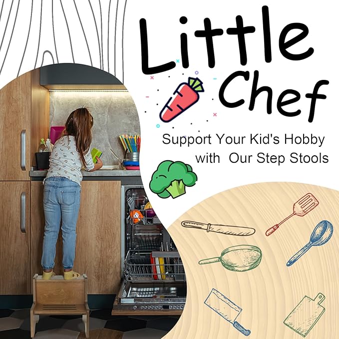 WOOD CITY Toddler Step Stool for Kids, Wooden Brown Two Step Children's Stool with Handles, Bonus Non-Slip Pads for Safety, Bathroom Potty Stool & Kitchen Step Stools Dual Height