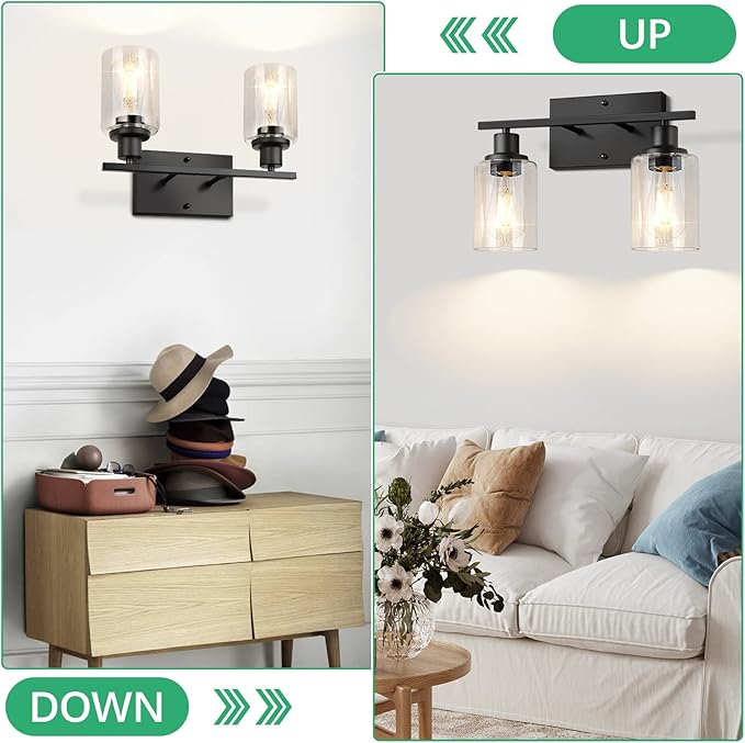 ShineTech 2-Light Bathroom Vanity Light Fixtures, Modern Wall Lighting with Clear Glass Shade, Matte Black Finished Wall Sconce Lighting for Mirror