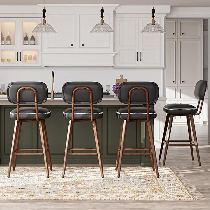 Swivel Bar Stools Set of 4, Mid Century PU Leather Counter Height Bar Chairs with Low Back and Metal Legs, Modern Bar Stool Chair for Kitchen Island, Black
