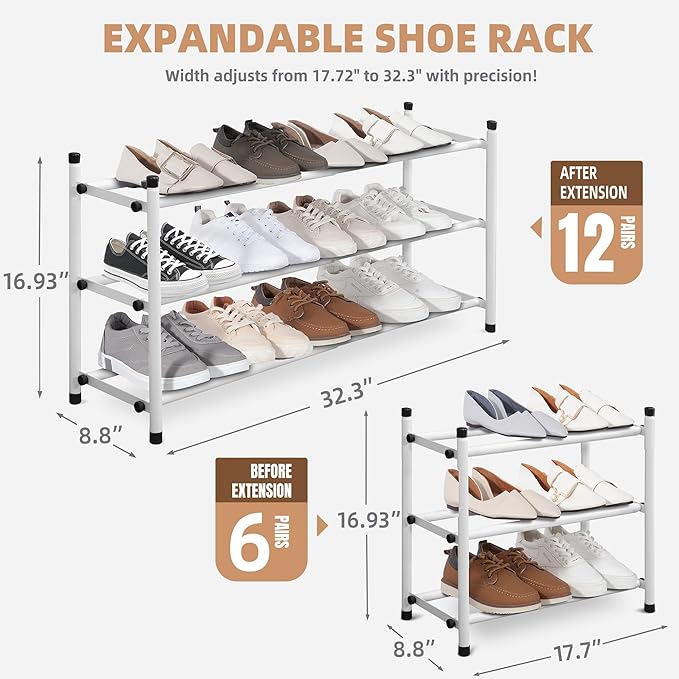 STORAGE MANIAC Expandable Shoe Rack, 12 Pairs Stackable Small Shoe Rack, Metal Adjustable Shoes Organizer for Closet, Entryway, Hallway, Garage, Front Door, Shoes Shelves, White 3 Tier