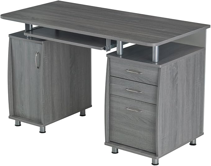 47.5'' Computer Desk with File Cabinet and Drawers, Storage Cabinet with Removable Shelf and Ventilation for CPU, Home Office Desk or Computer Workstation with Keyboard Tray, Grey