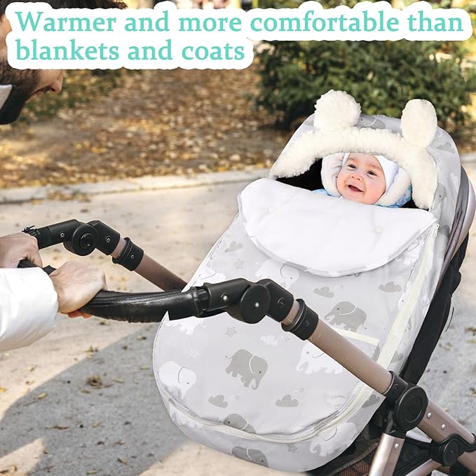 Carseat Cover Boys, Winter Cozy & Warm Cover, Elephant Baby Car Seat Cover, Infant Car Seat Canopy, Ultra-Soft Breathable Protect Baby from Cold Wind, Zipped Removable Design