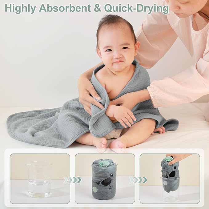 FIOBEE Hooded Baby Towels 100% Muslin Baby Bath Towels for Newborn with Animal Design Ultra-Soft and Absorbent Bath Essentials for Toddler, Unisex Girls Boys 30 x 30 inch, Gray Bear