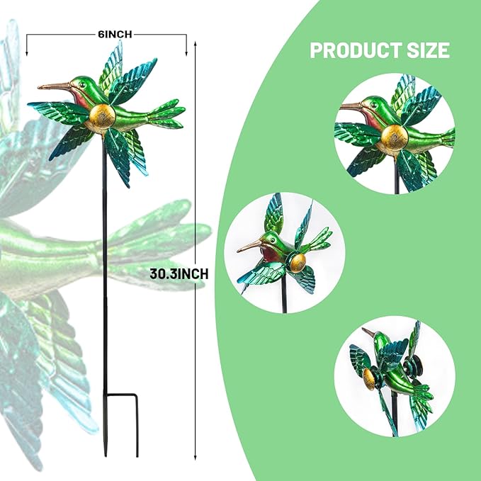 WONDER GARDEN Wind Spinners Outdoor - 2 Pack Small Metal Hummingbird Green Wind Spinner Windmill, Wind Sculpture for Yard Patio Lawn Decor