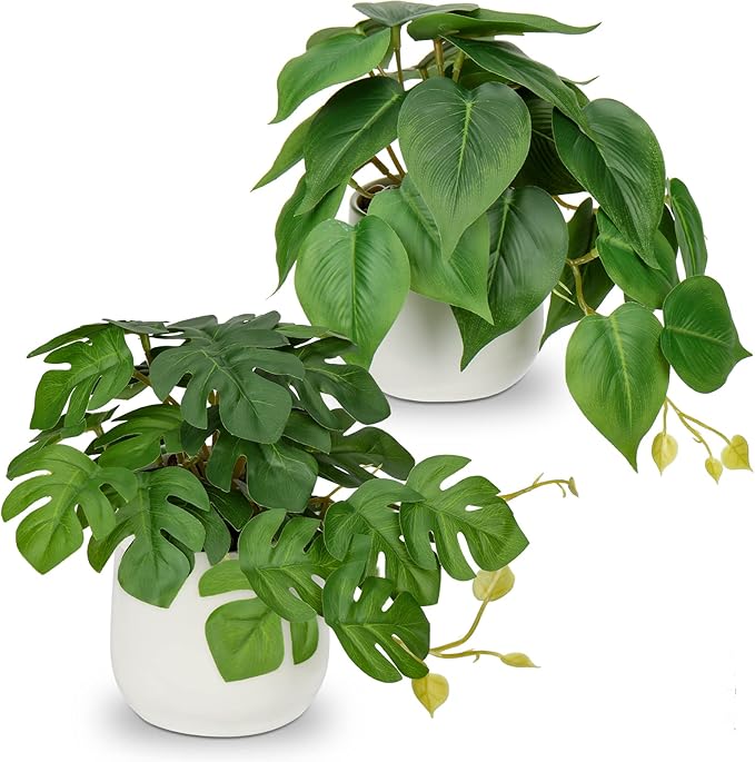 Fake Plants Set of 2 Artificial Plants Faux Pothos with White Ceramic Pots Fake Potted Plants Artificial Decor for Home Bathroom Shelf Desk Indoor
