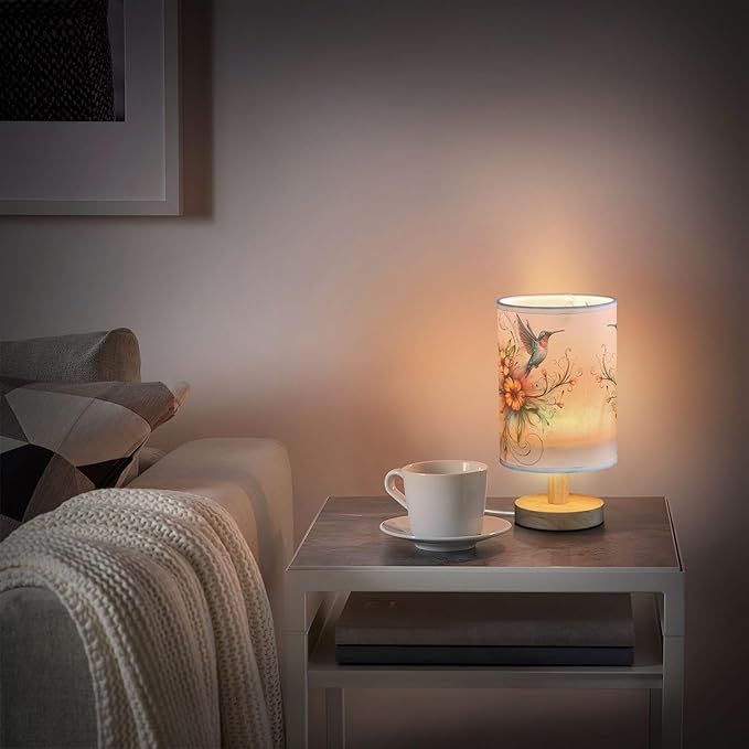 Table Lamp Hummingbird Floral Flower Nightstand Lamp with Wood Base Fabric Lamp Shade Bedside Desk Lamp for Living Room Bedroom Kids Room Office
