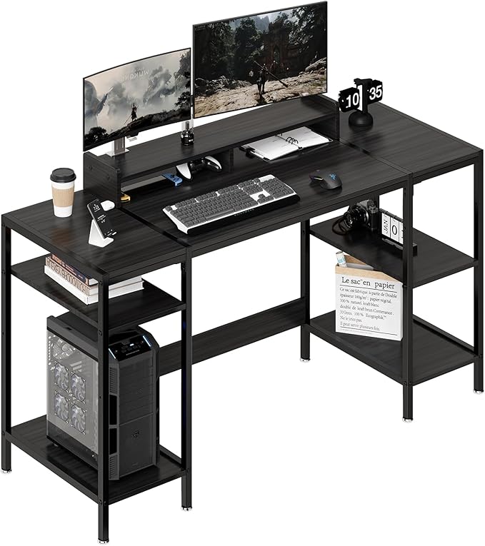 Computer Desk Gaming Desk with Monitor Stand, Home Office Desk Suitable for 2 Monitors, Writing Desk with Adjustable Storage Space,Sturdy and Durable Modern Small Desk (Black, 55 inchs)