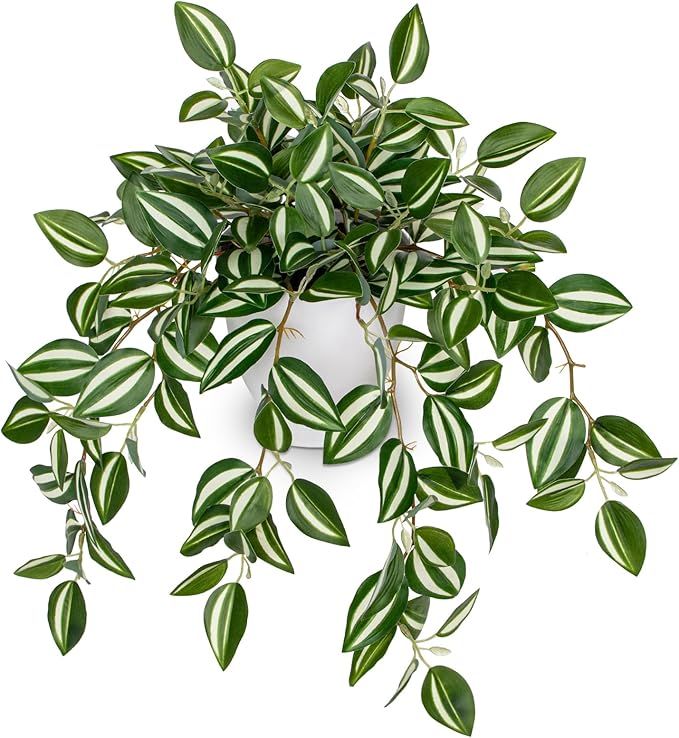 Briful Fake Plants Indoor Artificial Potted Silk Plants Faux Watermelon Peperomia Cascading Vine Plant for Home Office Livingroom Desk Shelf Mantle Decoration(Green/White - 1 Pack)