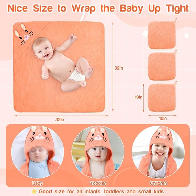 4 PCS Hooded Baby Towels, Soft Baby Towel, Absorbent Baby Bath Towel, Baby Towels and Baby Washcloths for Newborns, Toddlers, and Kids, 32x32 in Baby Towel with Hood for Boy and Girl (Orange Kitten)