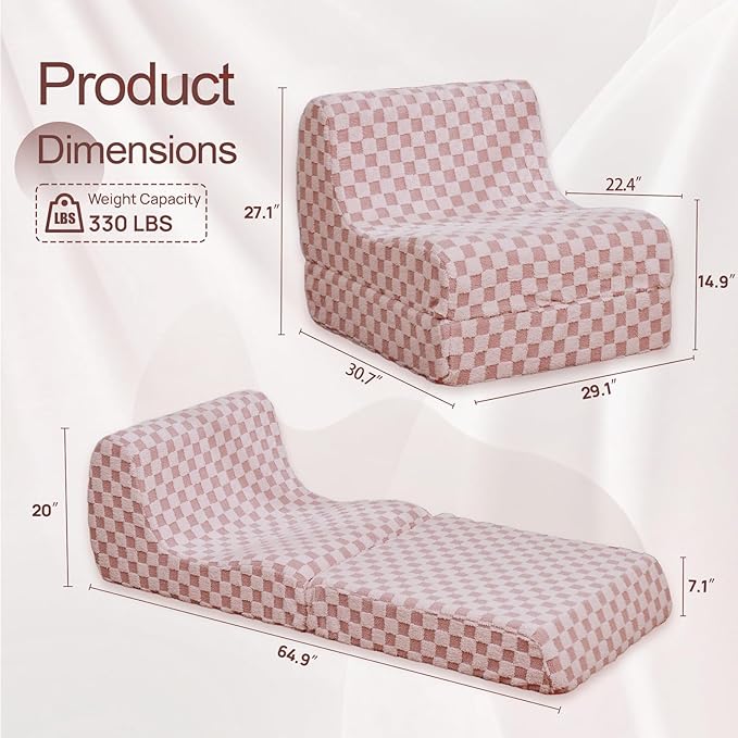 Bean Bag Chair with Checkerboard Shaker Fleece Fabric, Folding Sofa Bed, Floor Sleeper Lounge Chair, Lazy Sofa for Living Room, Bedroom, Apartments (Iceberry Pink)