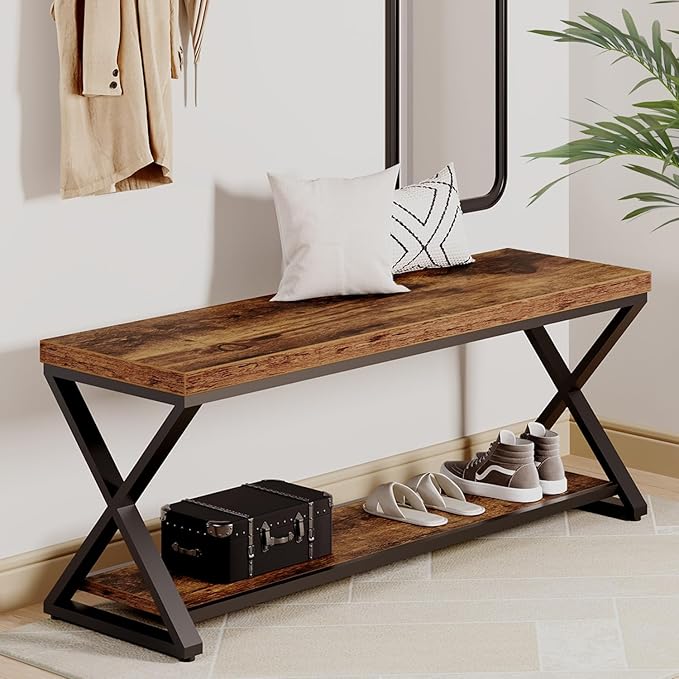 IBF Farmhouse Wood Bench, Industrial Storage Entryway Indoor Bench for Bedroom Hallway Living Room, Rustic Wooden Metal Shoe Rack Accent Foyer Bench Seat for Entrance Sitting, Rustic Brown, 47 in Long