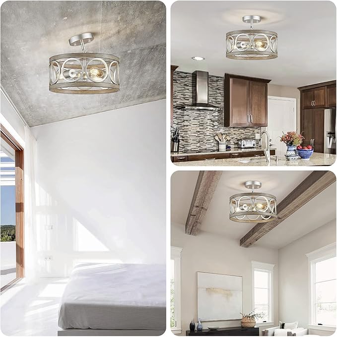 XINGQI 13" Modern 3-Light Brushed Nickel Rustic Semi Flush Mount Ceiling Light Fixture Wood Grain Metal Round Lamp for Kitchen Dining Room Bedroom Entryway