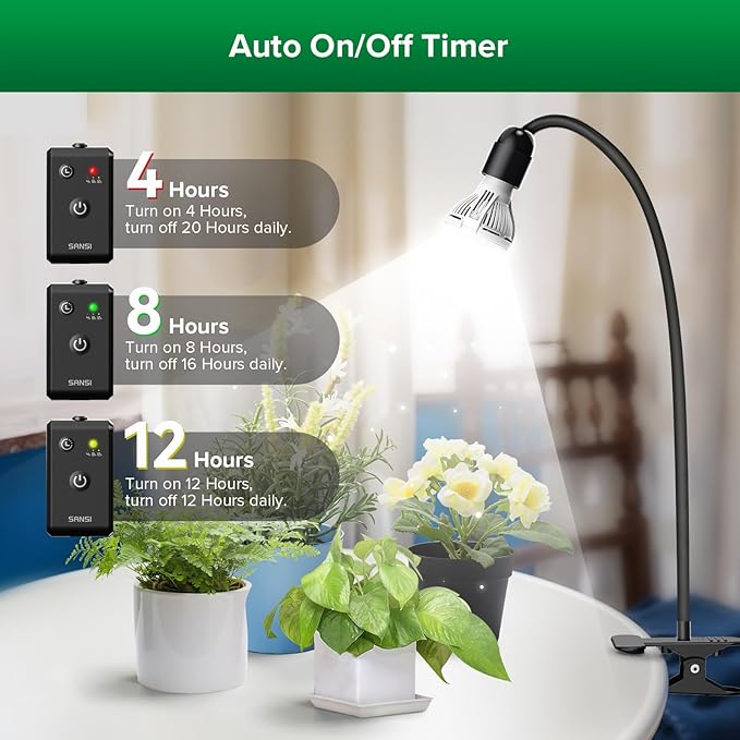 SANSI LED Grow Lights for Indoor Plants, Lifetime Free Bulb Replacement, 150W Full Spectrum Gooseneck Clip Plant Grow Light, Plant Light with Timer 4/8/12 Hrs, High PPFD Growing Power Grow Lamp