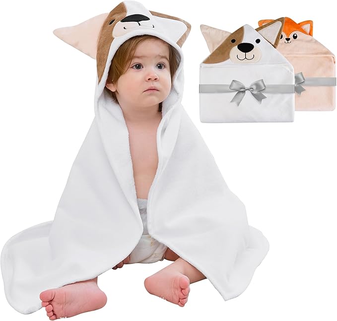 Mooreeke 2 Pack Toddler Towels - 100% Cotton Toddler Hooded Towels - Soft Baby Bath Towel with Hood for Newborn - Comfort Towel for Baby Girls and Boys - Animal Shaped (Puppy & Fox)
