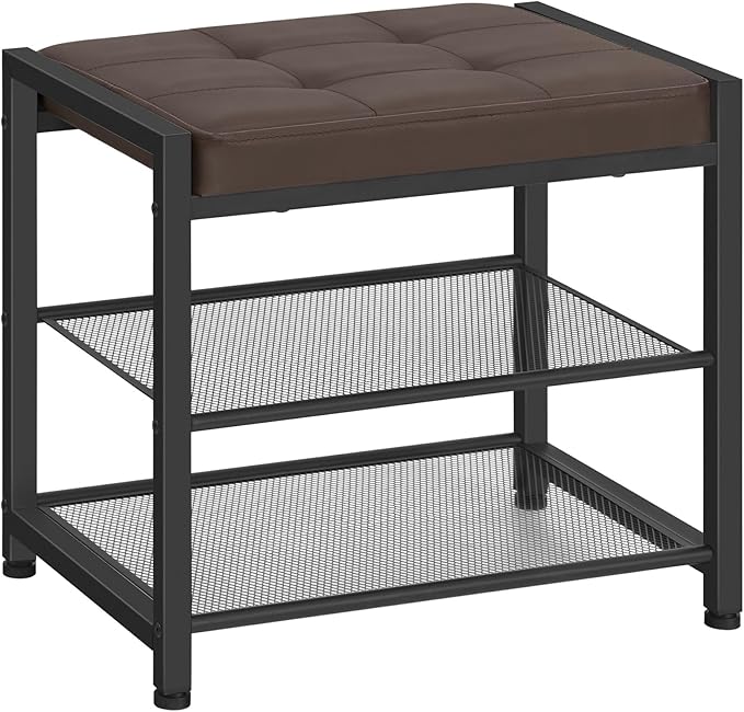 HOOBRO Small Shoe Bench, 3-Tier Shoe Rack, Shoe Storage Bench with PU Seat Cushion, Entryway Shoe Rack Bench with Metal Mesh Shelves, Freestanding Shoe Organizer for Hallway, Brown CB33HX01