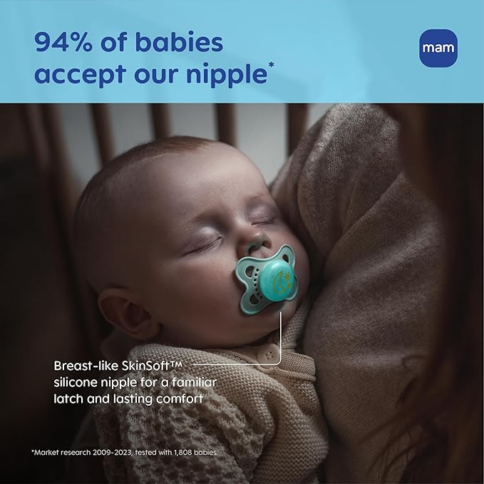 MAM Original Baby Pacifiers 0-6 Months, Binky for Newborn Babies, BPA-Free Skin Soft Silicone Nipple, Glows in The Dark, Developed with Medical Experts, 2 Count, Made in Europe