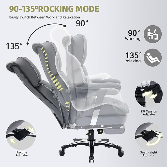 Efomao Big and Tall Office Chair with Footrest – High Back Computer Chair with Adjustable Armrests，Executive Office Chair with Wide Seat, Modern Desk Chair for Home Office, Gaming, or Study, Grey