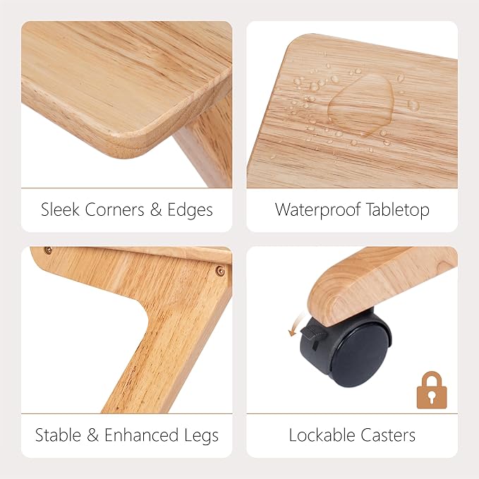 TV Tray Table, TV Dining Table with Casters for Small Spaces, Solid Wood End Table, Sofa Couch Side Table Removable Snack Tray for Coffee Bed Sofa Eating Writing Reading Living Room Bedroom