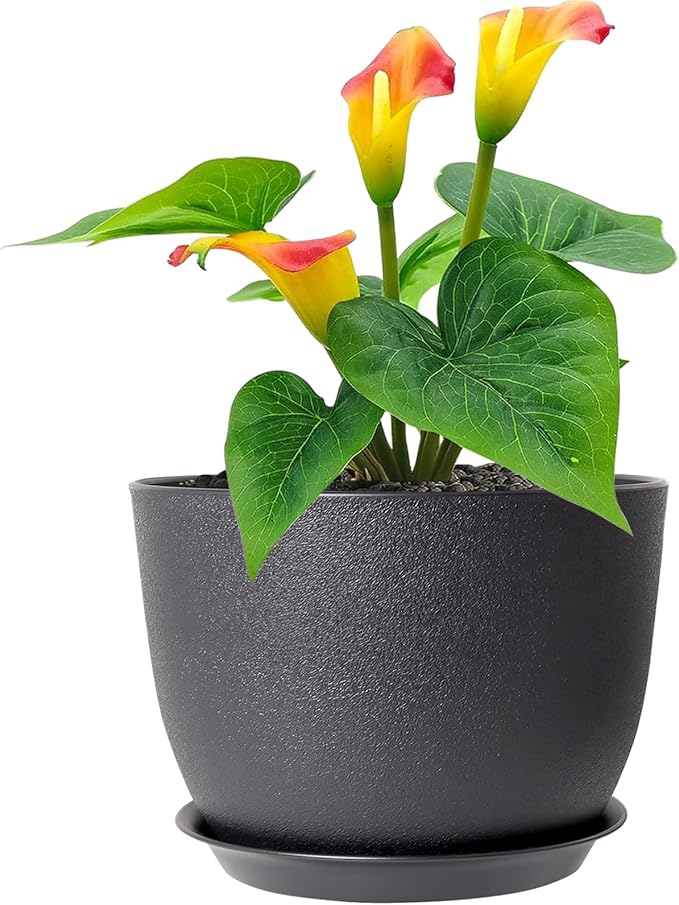 12 inch Large Plant Pots, Plastic Planters with Drainage Holes and Saucers, Flower Pots for Indoor Outdoor Plants, Modern Decorative Pots for Garden House Plants, Black