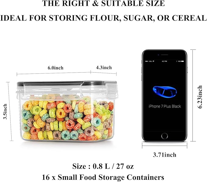 Wildone Cereal & Dry Food Storage Container Set of 16 [0.8L /3.38 Cups] for Sugar, Flour and Baking Supplies, Airtight Leak-proof & BPA Free, with 20 Labels & 1 Marker