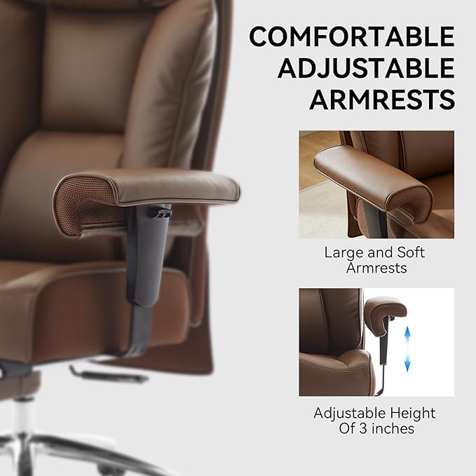 Big and Tall Ergonomic Office Chair 450LBS with Foot Rest, High Back PU Leather Executive Chair with Adjustable Padded Armrests, Lumbar Support for Home or Work, Heavy Duty Computer Chair, Brown