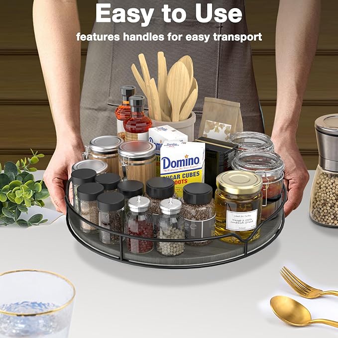 Lazy Susan Turntable Organizer with Anti-Slip Mat for Cabinet Pantry Kitchen Countertop Refrigerator Office, Pine Wood, 12", Grey…