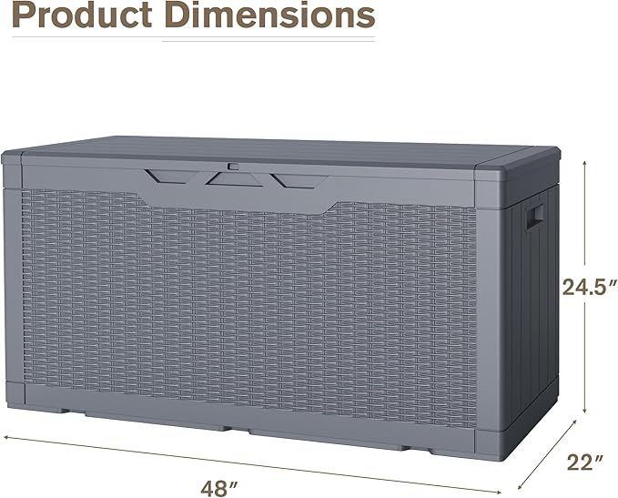 JUMMICO 100 Gallon Resin Deck Box, Waterproof Outdoor Storage Box with Lockable Lid for Garden Tools, Patio Cushions (Gray)