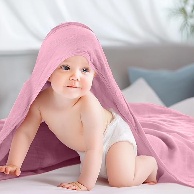 Preboun 4 Pcs Muslin Hooded Baby Towels,32"x 32" Cotton Newborn Bath Towel Muslin Infant Baby Blankets Absorbent Unisex Newborn Registry Gift for Girls Boys(Brown Series)