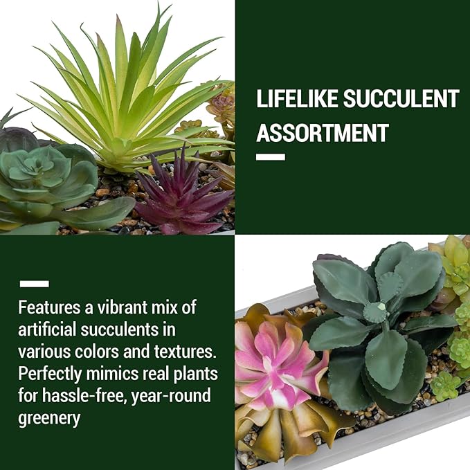 MyGift 15 Inch Mixed Color Assorted Artificial Succulent Plant Arrangement in Modern Gray Clay Planter Tray