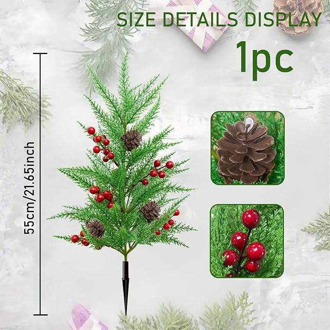 Green Pine Christmas Tree Stake Realistic Decorative Berry Artificial Plants Garden Stakes with Ground Spike (Green 2, One Size)