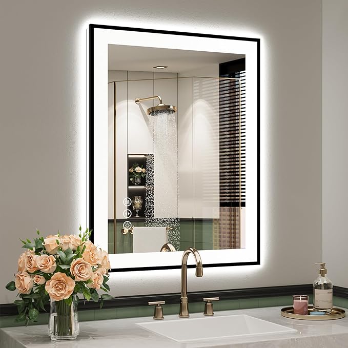 24x30 Inch LED Bathroom Mirror with Lights (Front Lit and Backlit) Black Framed Lighted Vanity Mirror for Bathroom Wall Dimmable Anti-Fog Memory Tempered Glass Horizontal/Vertical