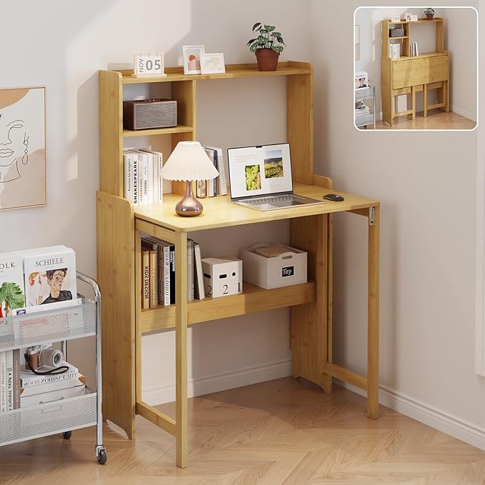 Bamboo Folding Desk with Storage Rack Mid Century Modern Desk for Home Office Bedroom Small Spaces, Natural