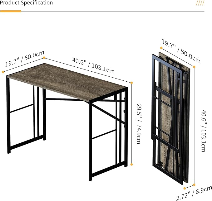 40 inch Folding Desk, Writing Gaming Computer Camping Desk, No Assembly Required Home Office Table, Black Oak