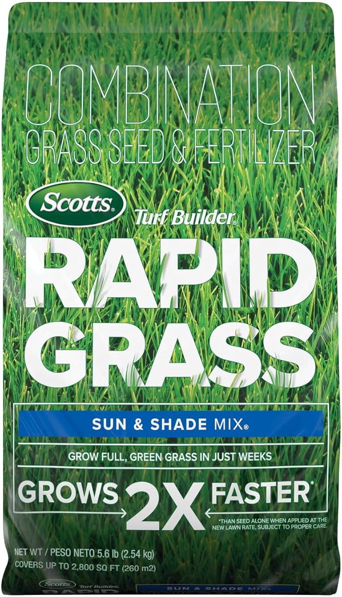Scotts Turf Builder Rapid Grass Sun and Shade Mix, Combination Grass Seed and Fertilizer, Grows Green Grass in Just Weeks, 5.6 lbs.