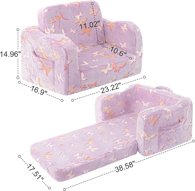 Kids Toddler Chair, 2-in-1 Toddler Couch Fold Out, Convertible Chairs for Toddlers Comfy Sofa to Lounger with Glow in The Dark Feature, Soft for Girls and Boys, Glowing Butterfly