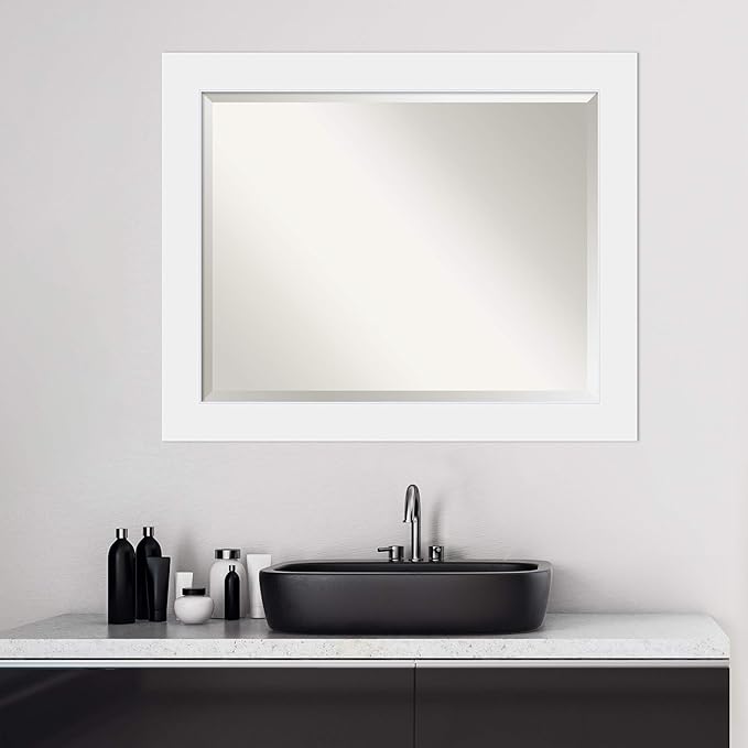 Amanti Art White Bathroom Mirror for Over Sink, 27x33 Corvino White Rectangle Vanity Mirror, Large Modern Contemporary Wood Frame, Hangs Horizonally and Vertically, Bathroom Wall Decor, Beveled Edge