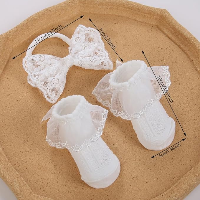 Baby Lace Bow Headband and Sock Set, Toddler Infant Cotton Socks Baptism Headband White Christening Headbands TSFD57