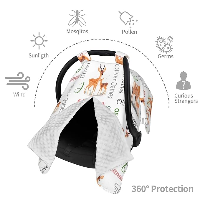 Custom Baby Car Seat Canopy Personalized Car Seat Covers with Name for Baby Boys Girls Customized Deer Nursing Breastfeeding Cover Infant Carseat Canopies Newborn Minky Baby Blanket