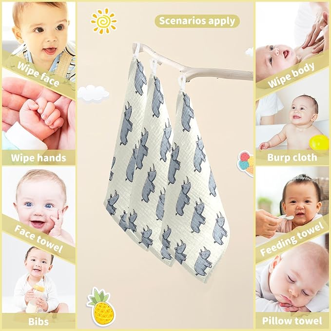 vvfelixl Cartoon Rhino Stick Figure Baby Burp Cloths Baby Muslin Washcloths for Boys Girls Cotton Babys Face Towel for Newborn Infants Soft and Absorbent 11.8 X 11.8 in, 5 Pack