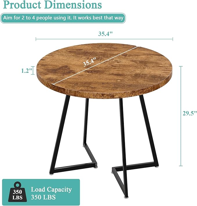 VECELO 35" Round Dining Table for 4, Wood-Grain Tabletop & Heavy-Duty Steel Frame, for Kitchen, Living Room, Easy Assembly, Antique Brown